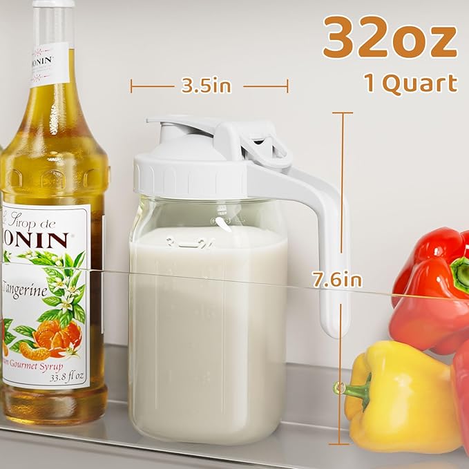 Breast Milk Pitcher, Mason Jar 32 oz, Heavy Duty Wide Mouth Jar with White Flip Cap Lid and Pour Spout, Airtight Seal for Freshness and Convenience, Formula Pitcher Great for Cold Beverages - Image 2