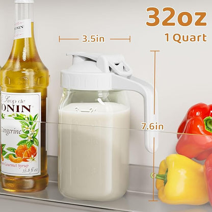 Breast Milk Pitcher, Mason Jar 32 oz, Heavy Duty Wide Mouth Jar with White Flip Cap Lid and Pour Spout, Airtight Seal for Freshness and Convenience, Formula Pitcher Great for Cold Beverages - Image 2