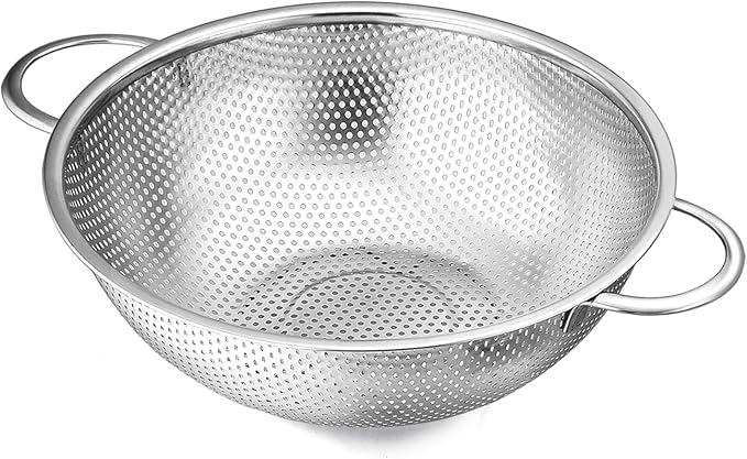 E-far Stainless Steel Colander, 3-Quart Micro-Perforated Metal Colander Strainer with Handle for Kitchen/Draining Pasta/Rinsing Vegetables Fruits, Heavy Duty & Dishwasher Safe - 8.8 Inches by E-far