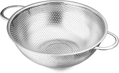 E-far Stainless Steel Colander, 3-Quart Micro-Perforated Metal Colander Strainer with Handle for Kitchen/Draining Pasta/Rinsing Vegetables Fruits, Heavy Duty & Dishwasher Safe - 8.8 Inches by E-far