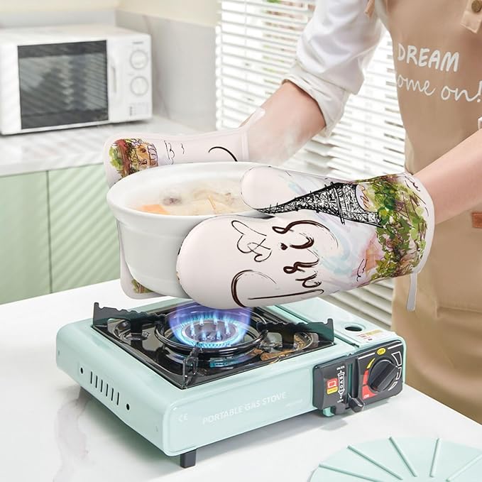 Pretty Romantic Paris Eiffel Tower Oven Mitts and Pot Holders Sets of 4, Heat Resistant Silicone Oven Mittens and Potholders Gloves Hot Pads for Kitchen Cooking Baking Grilling BBQ Chef - Image 5