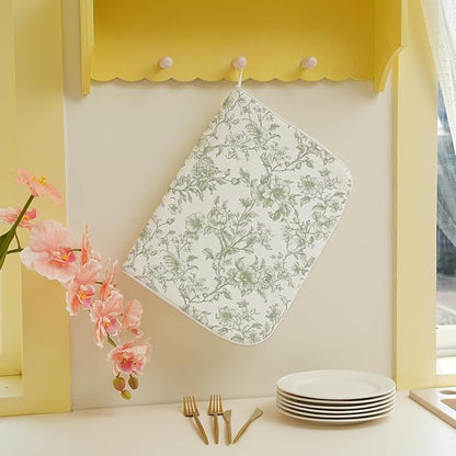 Sage Green Dish Drying Mat 18 x 24 Inch Chinoiserie Light Green Floral Drying Mat for Kitchen Counter Absorbent Spring Summer Flowers Dishes Dry Pad for Drainer Rack Kitchen Fast Dry