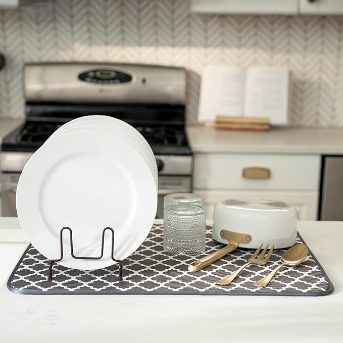 S&T INC. Dish Drying Mat XL, 18” x 24”, Absorbent Microfiber Kitchen Counter Mat, Dish Drying Pad for Dishes, Utensils, Pots and Pans, Extra Large, Pewter Grey Trellis - Image 4