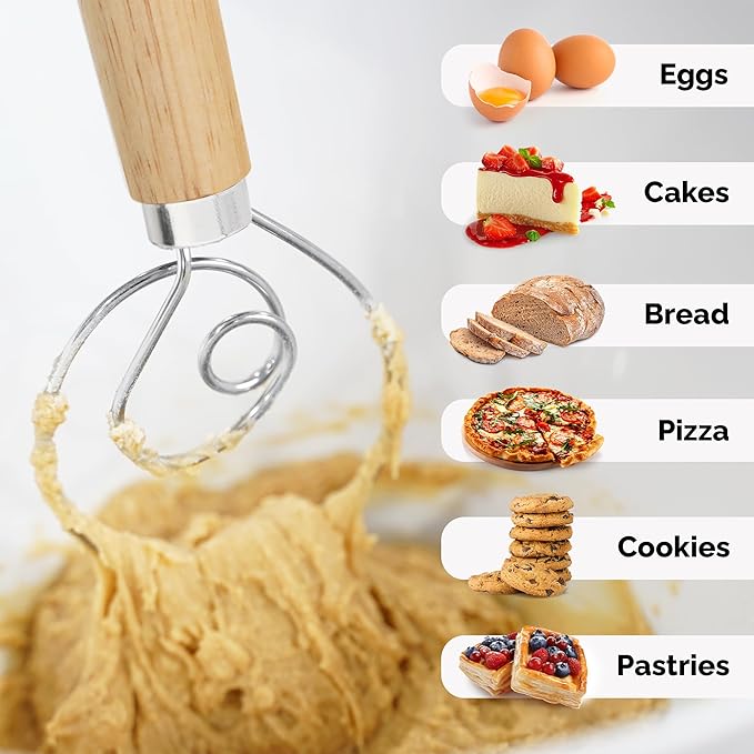 Zulay Kitchen 13-Inch Danish Dough Whisk - Stainless Steel Wooden Whisk with Dough Hook - Sourdough Whisk for Bread, Pizza, Pastry, Cake Batter & More - Wood - Image 3