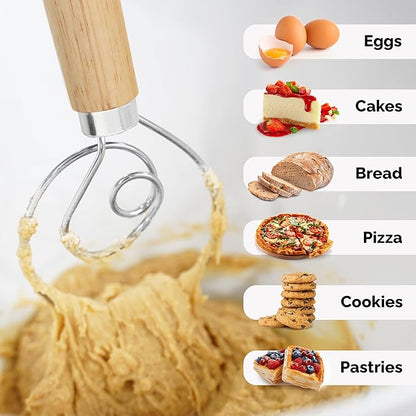 Zulay Kitchen 13-Inch Danish Dough Whisk - Stainless Steel Wooden Whisk with Dough Hook - Sourdough Whisk for Bread, Pizza, Pastry, Cake Batter & More - Wood - Image 3