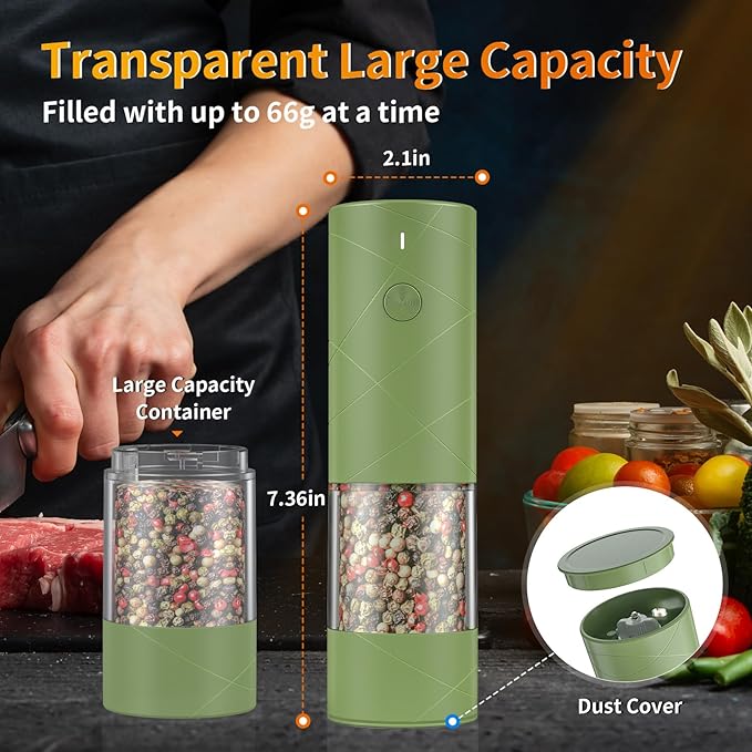 2Pack Electric Salt and Pepper Grinder Set USB Rechargeable with Warm LED Light, Adjustable Coarseness Lidaop Large Capacity Automatic Salt Pepper Mill Grinder for Kitchen, Restaurant, Outdoor, Green - Image 5