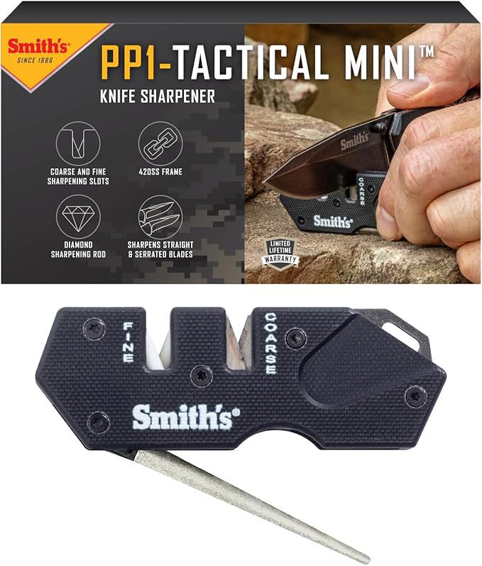 Smith’s Pocket Pal Tactical Knife Sharpener - 2 Stage Sharpener & Diamond Sharpening Rod - Pocket Clip - Outdoor Hunting Knife & Hook Sharpener - Compact & Lightweight by SmithsConsumerProductsInc