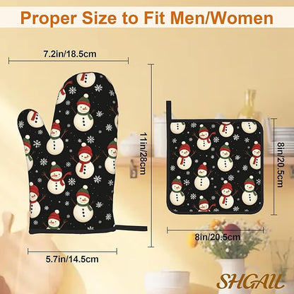 Oven Mitts and Hot Pads Set - Cute Snowman Design, Heat Resistant Cute Pot Holders for Kitchen, Baking Gifts for Women