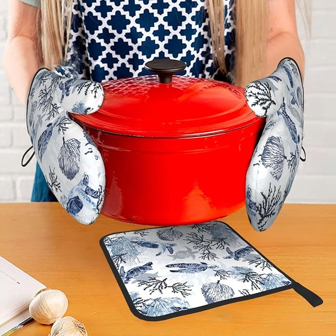 Navy Blue Ocean Sea Turtle Oven Mitts and Pot Holders Sets of 3, Heat Resistant Non-Slip Gift for Cooking Enthusiasts, Coastal Beach Nautical Coral Kitchen Gloves for Baking BBQ Cooking Grilling Decor - Image 3