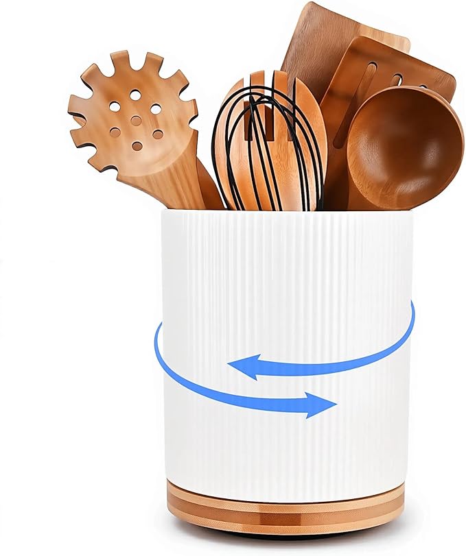 QUELIEN Utensil Holder, 360° Rotating Ceramic Kitchen Utensil Holder for Countertop, 7.7" Utensil Crock for Kitchen Counter with Rotatable Wooden Base,Ideal Housewarming Gift & Mothers Day Gift