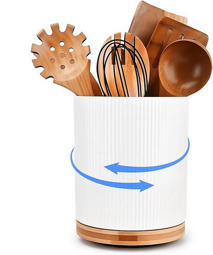 QUELIEN Utensil Holder, 360° Rotating Ceramic Kitchen Utensil Holder for Countertop, 7.7" Utensil Crock for Kitchen Counter with Rotatable Wooden Base,Ideal Housewarming Gift & Mothers Day Gift