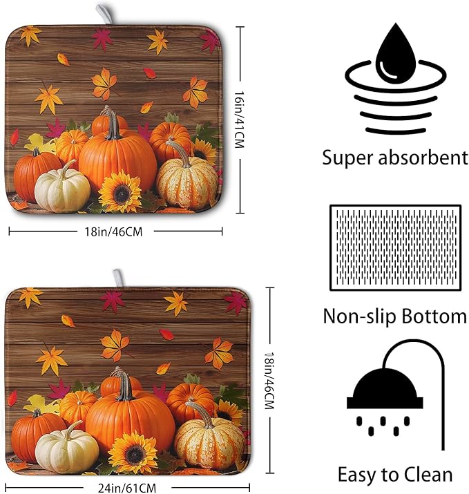 AutumnThanksgiving Pumpkin Dish Drying Mat for Kitchen Counter 16x18 Inch Fall Sunflowers Maple Leaves Harvest Kitchen Drying Mat Microfiber Super Absorbent Dish Rack Drainer Mat with Hanging Loop - Image 2
