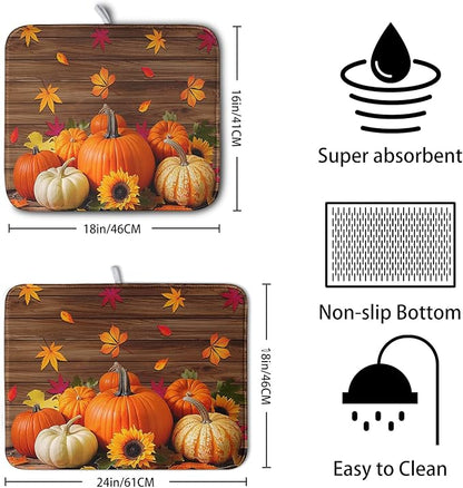 AutumnThanksgiving Pumpkin Dish Drying Mat for Kitchen Counter 16x18 Inch Fall Sunflowers Maple Leaves Harvest Kitchen Drying Mat Microfiber Super Absorbent Dish Rack Drainer Mat with Hanging Loop - Image 2
