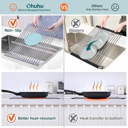 Ohuhu Roll Up Dish Drying Rack, Over The Sink Multipurpose Roll-Up Dish Racks, 16.5" W x 13" L Rolling Heat-Resistant Anti-Slip Silicone Coated Dish Drainer Portable Foldable for Kitchen Counter - Image 6