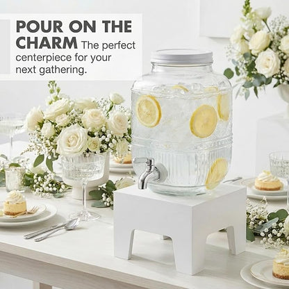 Beverage Dispenser 1 Gallon, Glass Drink Dispenser with Wooden Base Stand, Wide Mouth Jar for Lemonade, Iced Tea, Infused Water, Vintage Kitchen Decor