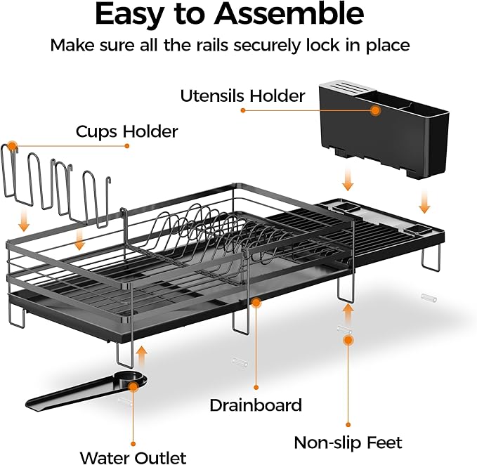 Delamu Stainless Steel Dish Drying Rack, Expandable Dish Drainer, Anti-Rust Large Dish Racks for Kitchen Counter, Dish Strainers with Drainboard, Utensil & Cup Holder, 13.4"-28.7" L x 11.8" W, Black - Image 8