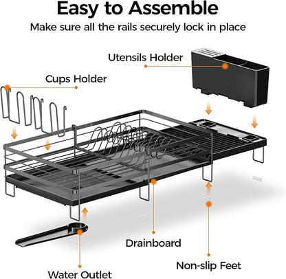 Delamu Stainless Steel Dish Drying Rack, Expandable Dish Drainer, Anti-Rust Large Dish Racks for Kitchen Counter, Dish Strainers with Drainboard, Utensil & Cup Holder, 13.4"-28.7" L x 11.8" W, Black - Image 8