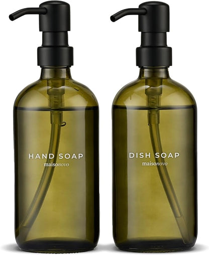 MaisoNovo Soap Dispenser 2-Piece Set | 16.9oz Green Bottles with Black Plastic Pumps