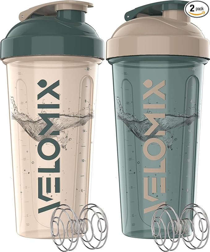 VELOMIX -2 Pack- 28 oz Protein Shaker Bottles for Protein Mixes - 2x Wire Whisk | Leak Proof Shaker Cups for Protein Shakes and Pre Workout | Protein Shaker Bottle Pack (A6) Blue/Beige