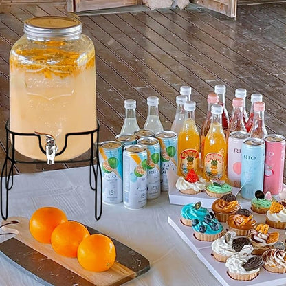 2 Gallon Drink Dispenser with 2 Press Type Spigot, Sun Tea Glass Mason Jar for Outside, Iced Lemonade Beverage Dispenser with Fruit Infuser, Large Water Juice Jug, Punch Dispenser for Parties