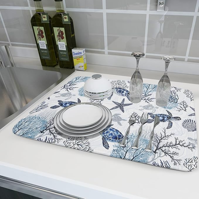 Giwawa 18"x24" Coastal Sea Turtles Dish Drying Mat Nautical Ocean Tortoise Coral Starfish Dish Drainer Mats for Kitchen Microfiber Reversible Dish Drying Rack Pad for Countertop Tabletop Decor