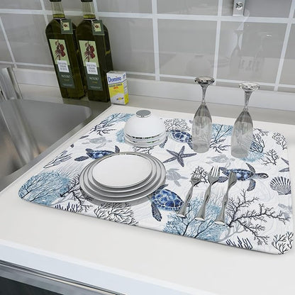 Giwawa 18"x24" Coastal Sea Turtles Dish Drying Mat Nautical Ocean Tortoise Coral Starfish Dish Drainer Mats for Kitchen Microfiber Reversible Dish Drying Rack Pad for Countertop Tabletop Decor