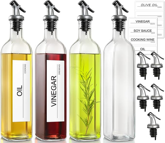 gmisun Olive Oil Dispenser for Kitchen, 4 Pack 17 fl oz Glass Oil Dispensers Bottle, Cooking Soy Sauce Bottle Container Cruet with Plastic Pourer Spout, Funnel and Labels, Clear by GMISUN