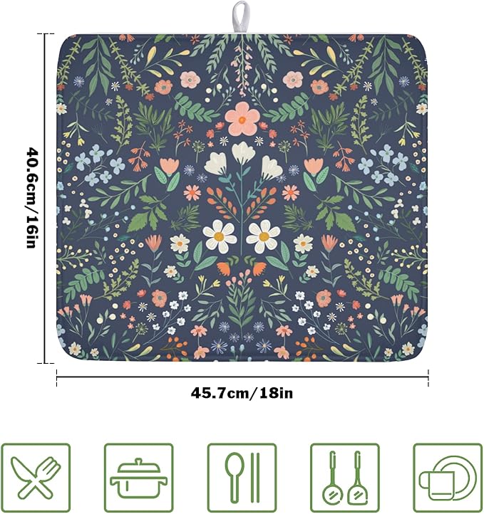 Floral Dish Drying Mat for Kitchen Counter Rustic Flower Leaves Print Microfiber Dish Drainer Mat Farmhouse Floral Absorbent Washable Drying Pad 16"x18"