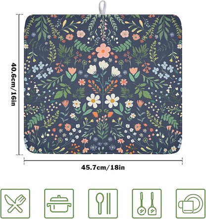 Floral Dish Drying Mat for Kitchen Counter Rustic Flower Leaves Print Microfiber Dish Drainer Mat Farmhouse Floral Absorbent Washable Drying Pad 16"x18"