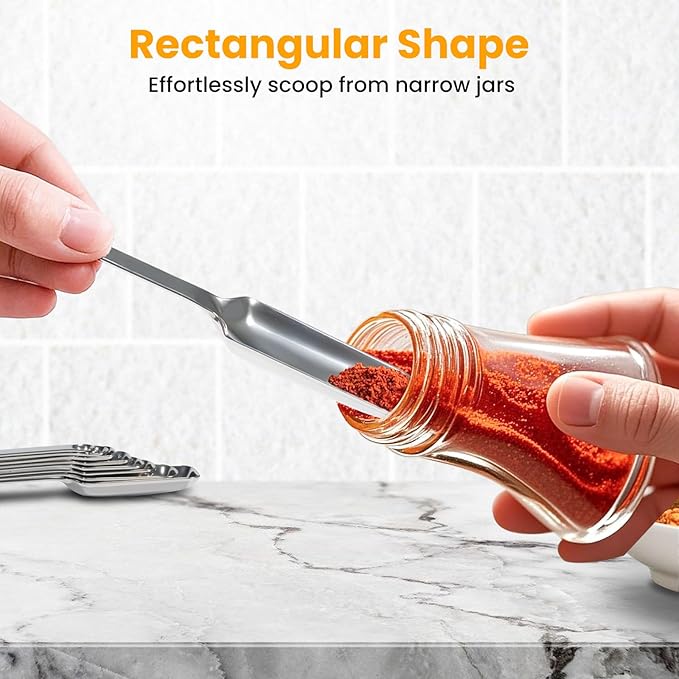 Stainless Steel Measuring Spoons Set of 8, Rectangular Metal Measuring Spoons with Leveler, Compact Spoons Design for Narrow Spice Jars, Teaspoon & Tablespoon Spoons for Dry & Liquid Ingredients - Image 3