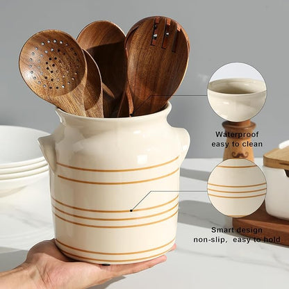 Ceramic Farmhouse Kitchen Utensil Holder for Countertop, Rustic Cooking Utensil Holder Crock Fit for Kitchen Counter. 6*6.8*6.7 IN - Image 3
