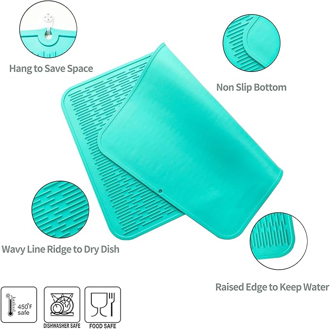 MicoYang Silicone Dish Drying Mat for Multiple Usage,Easy clean,Eco-friendly,Heat-resistant Silicone Mat for Kitchen Counter or Sink,Refrigerator or Drawer Liner Mint 3XL 28 inches x 18 inches - Image 3