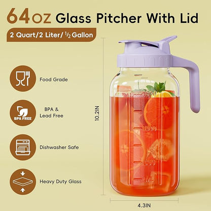 Glass Mason Jar Pitcher, 64 oz Wide Mouth Jug with Pour Spout Handle Lid for Cold Brew Coffee, Ice Beverage, Iced Juice, Lemonade, Sun Tea, Fruit Drinks Container(Purple) - Image 2