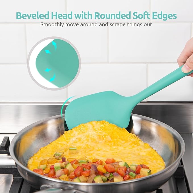 600ºF Heat Resistant Kitchen Utensil: U-Taste 13.6" Extra Long Silicone Cooking Tools Set, Food-Grade Non-Stick Solid and Slotted Turner Spatula, Mixing Spoon, and Soup Ladle (5 Pieces, Aqua Sky) - Image 8