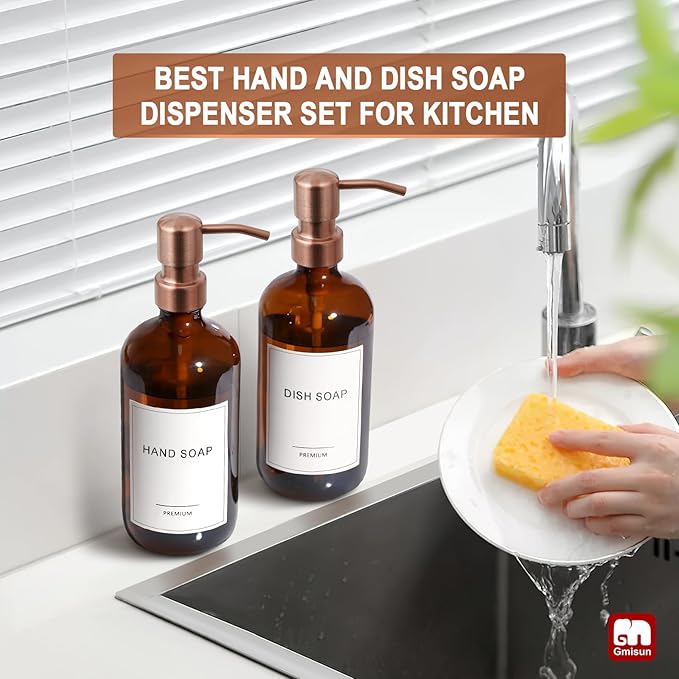 GMISUN Amber Glass Soap Dispenser, 2 Pack Bathroom Hand Soap Dispensers with Rose Gold Pump, 17 Fl Oz Kitchen Hand and Dish Soap Dispenser Set, Modern Vintage Liquid Brown Soap Dispensers Bottle - Image 6