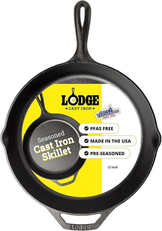 Lodge Seasoned Cast Iron Skillet 12 Inches - PFAS-Free, Non-Toxic Cookware - Use with an Oven, Stove, Grill, or Campfire - Naturally Non-Stick & Oven Safe