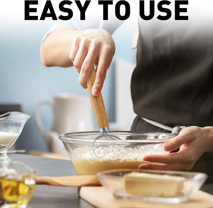 Zulay Kitchen Double-Eye 13" Danish Dough Whisk - Durable Easy Mixing Bread Whisk, Stainless Steel Danish Dough Hook, Sourdough Whisk For Mixing, Traditional Dutch Whisk, Dough Mixer Tool - Acacia - Image 3