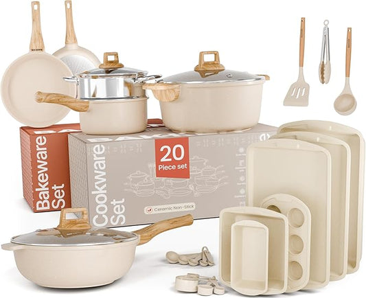 Bakken Master 20 Piece Cookware Set - Pots and Pans with Handle Grips and Tempered Glass Lids, With 6-piece Bakeware Set, Nonstick Granite Coating, Ceramic Max Temperature (Up To 500° F), Cream by BAKK%C3%8BNMASTER