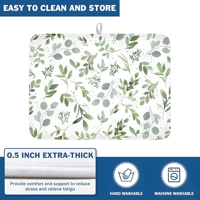 Spring Summer Sage Green Leaves Dish Drying Mat 18 x 24 Inch Spring Eucalyptus Leaf Dish Drainer Rack Mat Absorbent Microfiber for Holiday Kitchen Coffee Dining Bar Decor