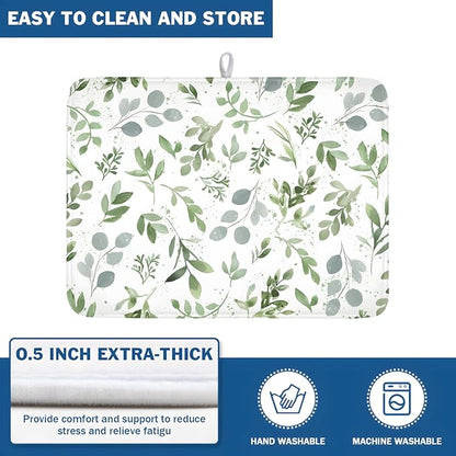 Spring Summer Sage Green Leaves Dish Drying Mat 18 x 24 Inch Spring Eucalyptus Leaf Dish Drainer Rack Mat Absorbent Microfiber for Holiday Kitchen Coffee Dining Bar Decor