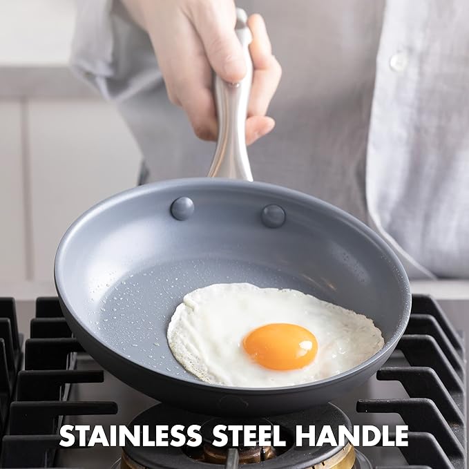 GreenPan Lima Hard Anodized 8" 10" & 12" Frying Pan Skillet Set, Ceramic Nonstick, PFAS-Free Nontoxic Pots & Pans, Oven & Broiler Safe, Stainless Steel Handles, Cookware for Eggs & Omelet, Gray - Image 5