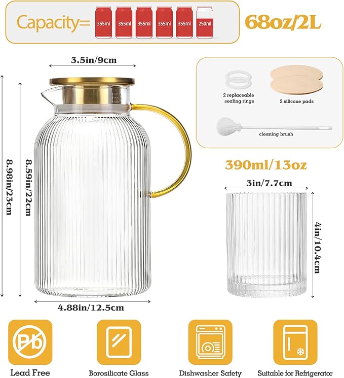 2 Pack Glass Pitchers with Lid and 2 Cups, 68oz/ 2 Liter Glass Water Pitcher with Handle and Lid for Fridge, Iced Tea, Coffee, Borosilicate Glass Carafe for Hot/Cold Brew Drink