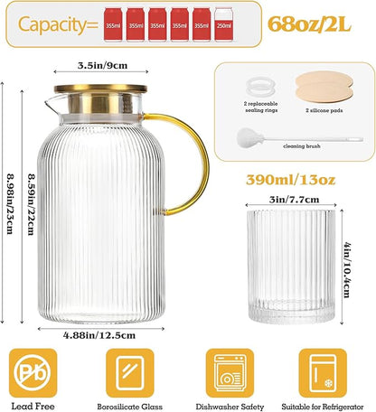 2 Pack Glass Pitchers with Lid and 2 Cups, 68oz/ 2 Liter Glass Water Pitcher with Handle and Lid for Fridge, Iced Tea, Coffee, Borosilicate Glass Carafe for Hot/Cold Brew Drink