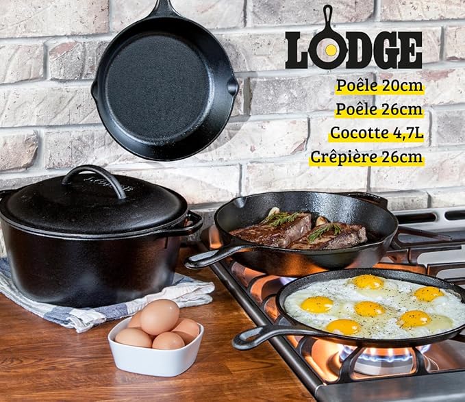 Lodge Cast Iron Set - 5-Piece Set - Pre-Seasoned Kitchen Set - Skillets, Griddle & Dutch Oven Included - PFAS-Free Non-Toxic Cookware - Image 2