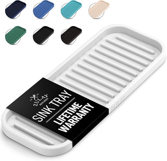Zulay Kitchen (9x3.5) Silicone Sponge Holder for Kitchen Sink - Flexible Multipurpose Soap Tray - Sink Organizer for Kitchen, Bathroom, Makeup, Trinkets & More (White) by ZulayKitchen