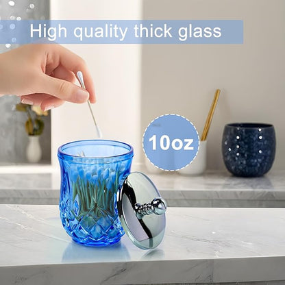 Qtip Holder,10Oz Blue Glass Apothecary Jars with Silver Lids for Bathroom Organization & Desk Storage,Thick Glass Apothecary Jars for Q-Tips,Cotton Rounds,Jewelry,Candy,Round