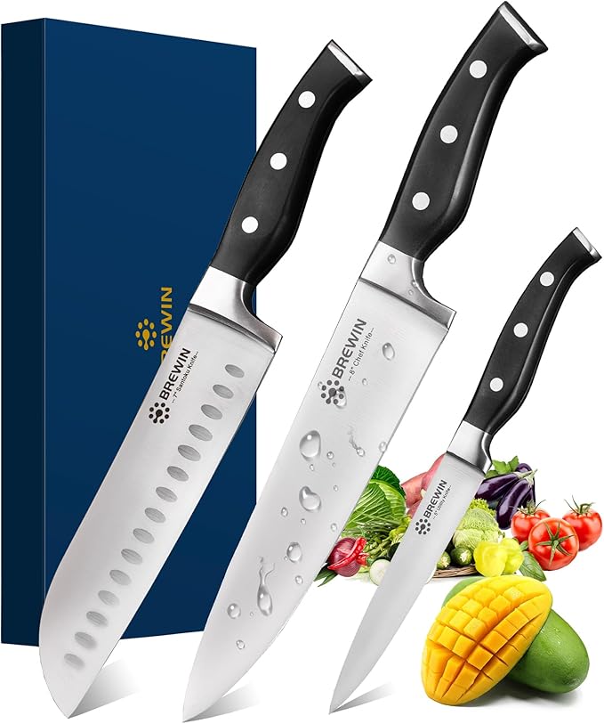 Brewin Professional Kitchen Knives, 3PC Chef Knife Set Sharp Knives for Kitchen High Carbon Stainless Steel, Japanese Cooking Knife with Gift Box by EnjoyEveryCutWithBrewin