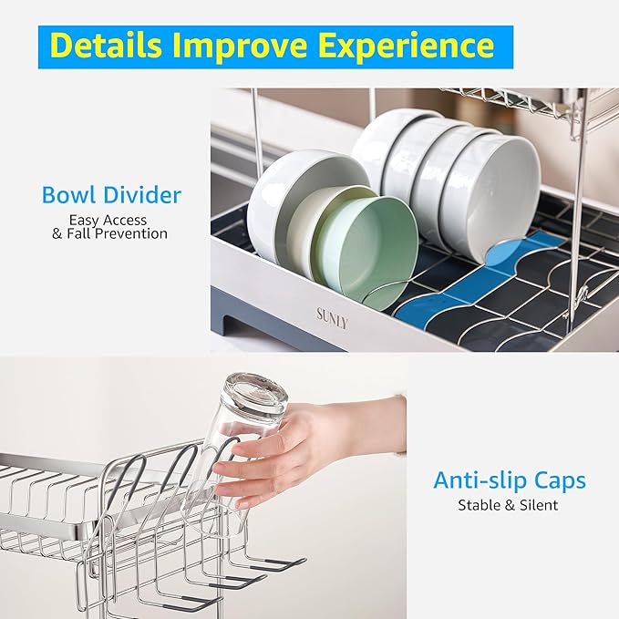 SUNLY Large Dish Drying Rack, Multipurpose 2 Tier Dish Racks for Kitchen Counter, 304 Stainless, Extra Large Drain Board, Gray - Image 7