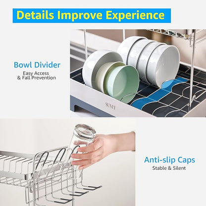 SUNLY Large Dish Drying Rack, Multipurpose 2 Tier Dish Racks for Kitchen Counter, 304 Stainless, Extra Large Drain Board, Gray - Image 7