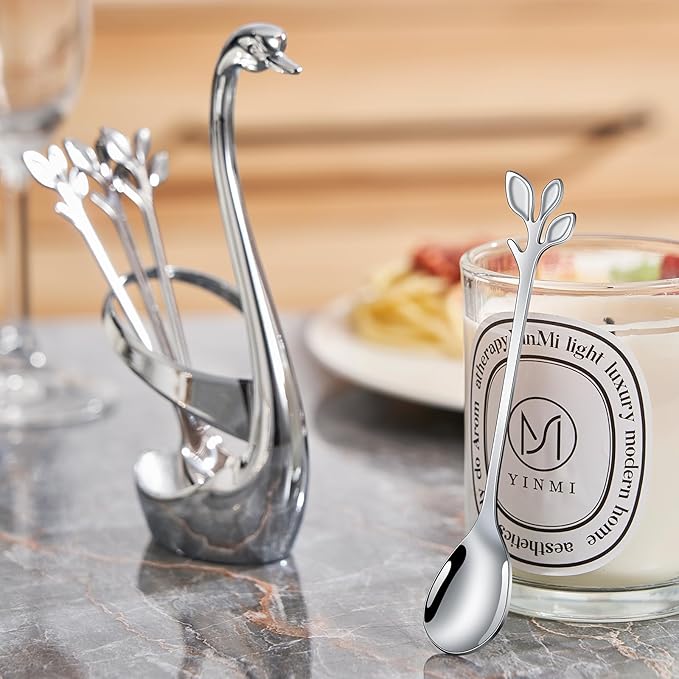 AnSaw Silver Small Coffee Spoon Holder Set,Swan Base With 10 Pcs Demitasse Espresso Spoons Set,4.7" Mini Leaf Dessert Spoon,Stainless Steel Tea Spoons - Image 4